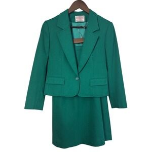Vintage Pendleton Petite Teal Green 100% Virgin Wool Skirt Suit Set Size 6 USA